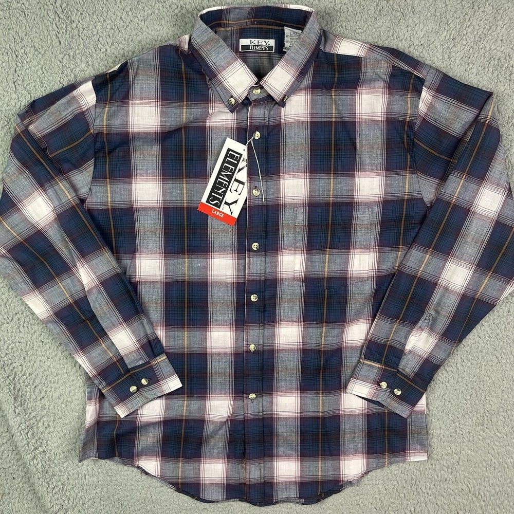 Vintage Key Elements 90's Button‎ Shirt Plaid Blue Grey Long Sleeve Sz Large NOS